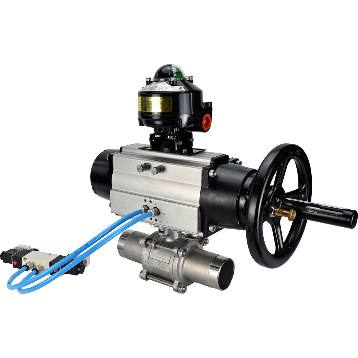 Ball valves Elephant BV3131P(3pc)-FP-W-ISO-H LONG, body material - Stainless steel AISI 304, seal - PTFE / PTFE / Teflon, with pneumatic actuator double action PA-DA-105-1, 4V320-08 220V, LSU APL-510N Ex