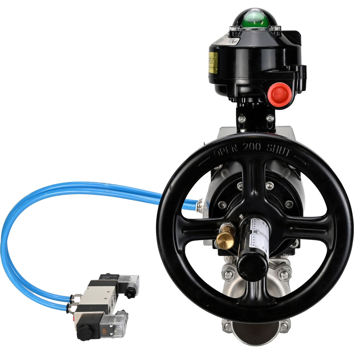 Ball valves Elephant BV3131P(3pc)-FP-W-ISO-H LONG, body material - Stainless steel AISI 304, seal - PTFE / PTFE / Teflon, with pneumatic actuator double action PA-DA-105-1, 4V320-08 220V, LSU APL-510N Ex