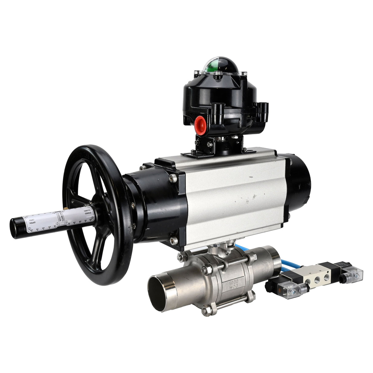 Ball valves Elephant BV3131P(3pc)-FP-W-ISO-H LONG, body material - Stainless steel AISI 304, seal - PTFE / PTFE / Teflon, with pneumatic actuator double action PA-DA-105-1, 4V320-08 220V, LSU APL-510N Ex