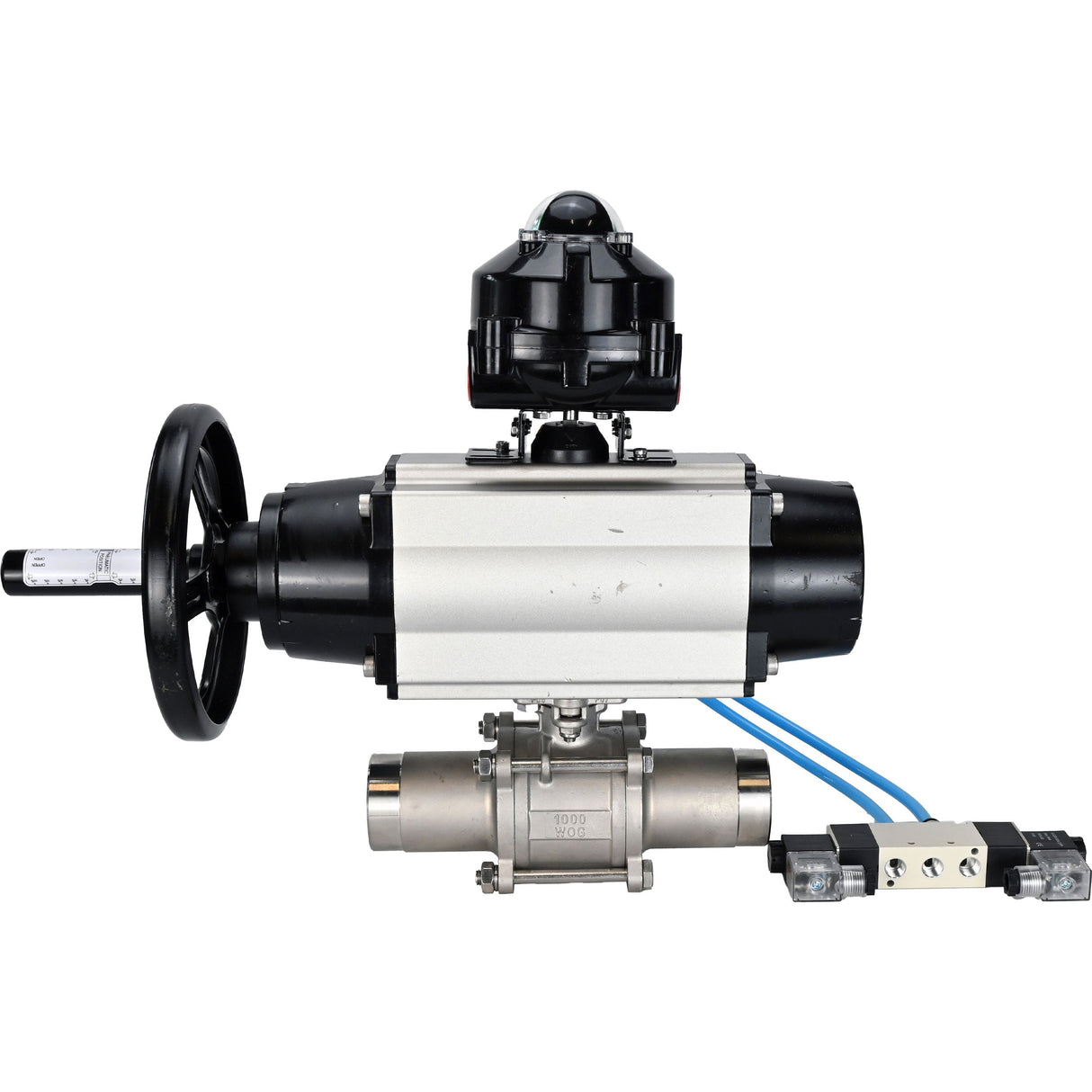 Ball valves Elephant BV3131P(3pc)-FP-W-ISO-H LONG, body material - Stainless steel AISI 304, seal - PTFE / PTFE / Teflon, with pneumatic actuator double action PA-DA-105-1, 4V320-10 220V, LSU APL-510N Ex