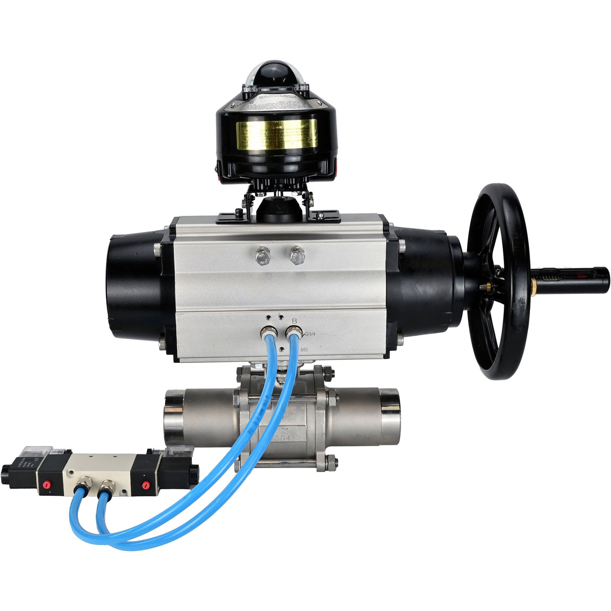 Ball valves Elephant BV3131P(3pc)-FP-W-ISO-H LONG, body material - Stainless steel AISI 304, seal - PTFE / PTFE / Teflon, with pneumatic actuator double action PA-DA-105-1, 4V320-08 220V, LSU APL-510N Ex