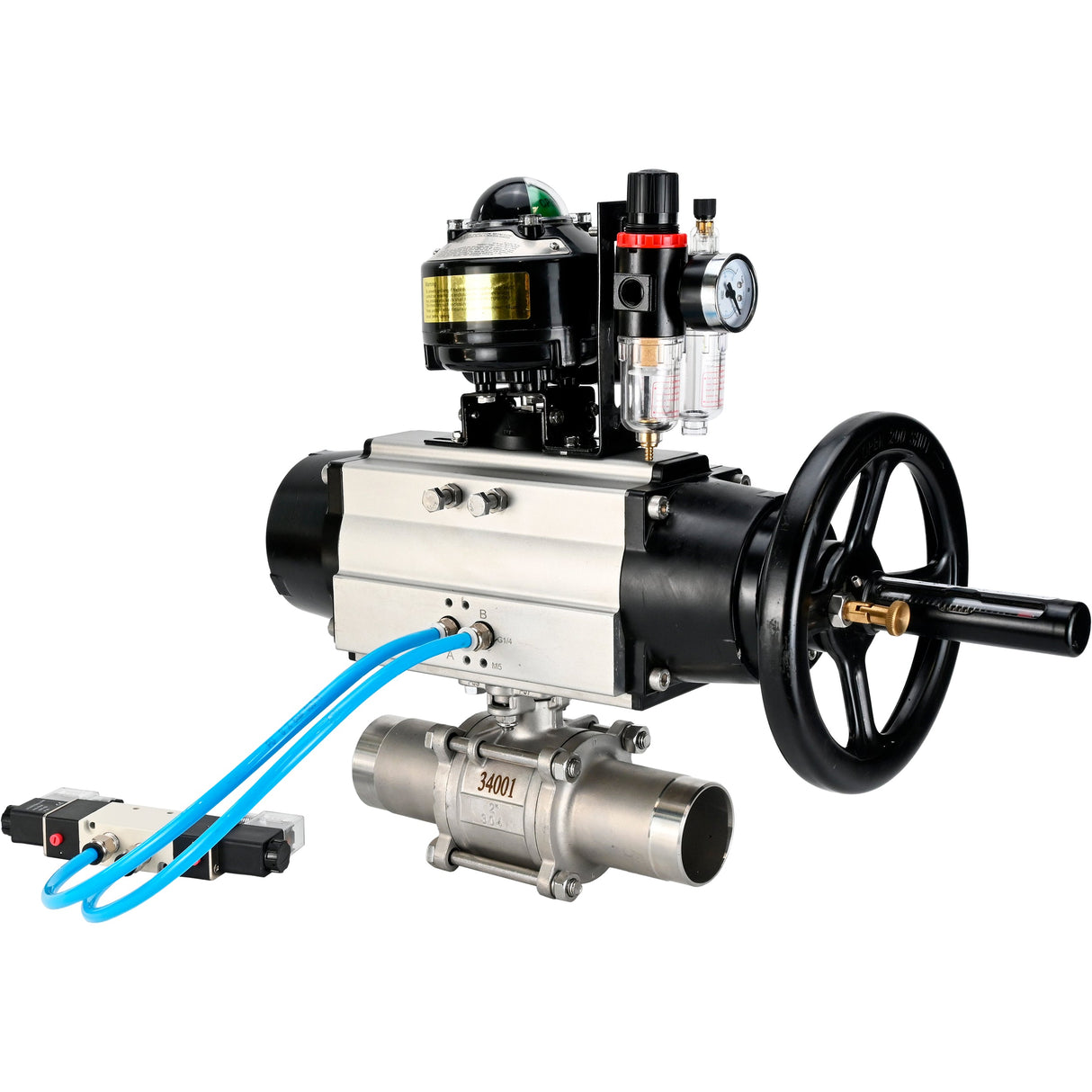Ball valves Elephant BV3131P(3pc)-FP-W-ISO-H LONG, body material - Stainless steel AISI 304, seal - PTFE / PTFE / Teflon, with pneumatic actuator double action PA-DA-105-1, 4V320-10 220V, LSU APL-510N Ex, ATU AFC2000