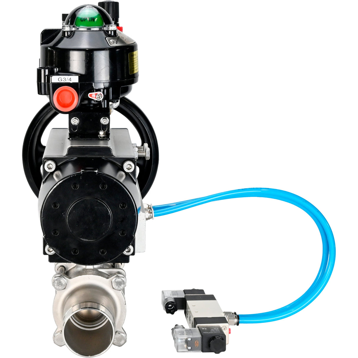 Ball valves Elephant BV3131P(3pc)-FP-W-ISO-H LONG, body material - Stainless steel AISI 304, seal - PTFE / PTFE / Teflon, with pneumatic actuator double action PA-DA-105-1, 4V320-10 220V, LSU APL-510N Ex, ATU AFC2000