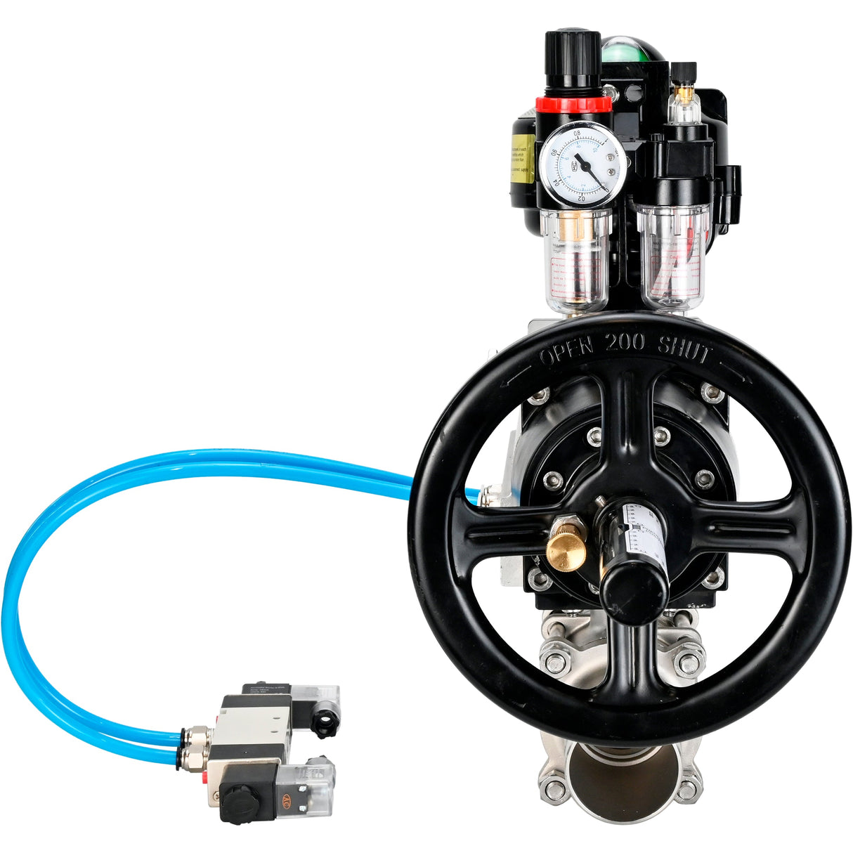 Ball valves Elephant BV3131P(3pc)-FP-W-ISO-H LONG, body material - Stainless steel AISI 304, seal - PTFE / PTFE / Teflon, with pneumatic actuator double action PA-DA-105-1, 4V320-10 220V, LSU APL-510N Ex, ATU AFC2000