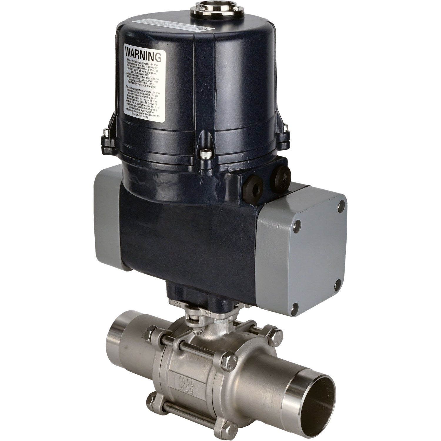 Ball valves Elephant BV3131P(3pc)-FP-W-ISO-H LONG full bore, welded, body - stainless steel SS304, seal - PTFE, with electric quarter turn actuator Elephant QTSA-N-EM-O0-220VAC