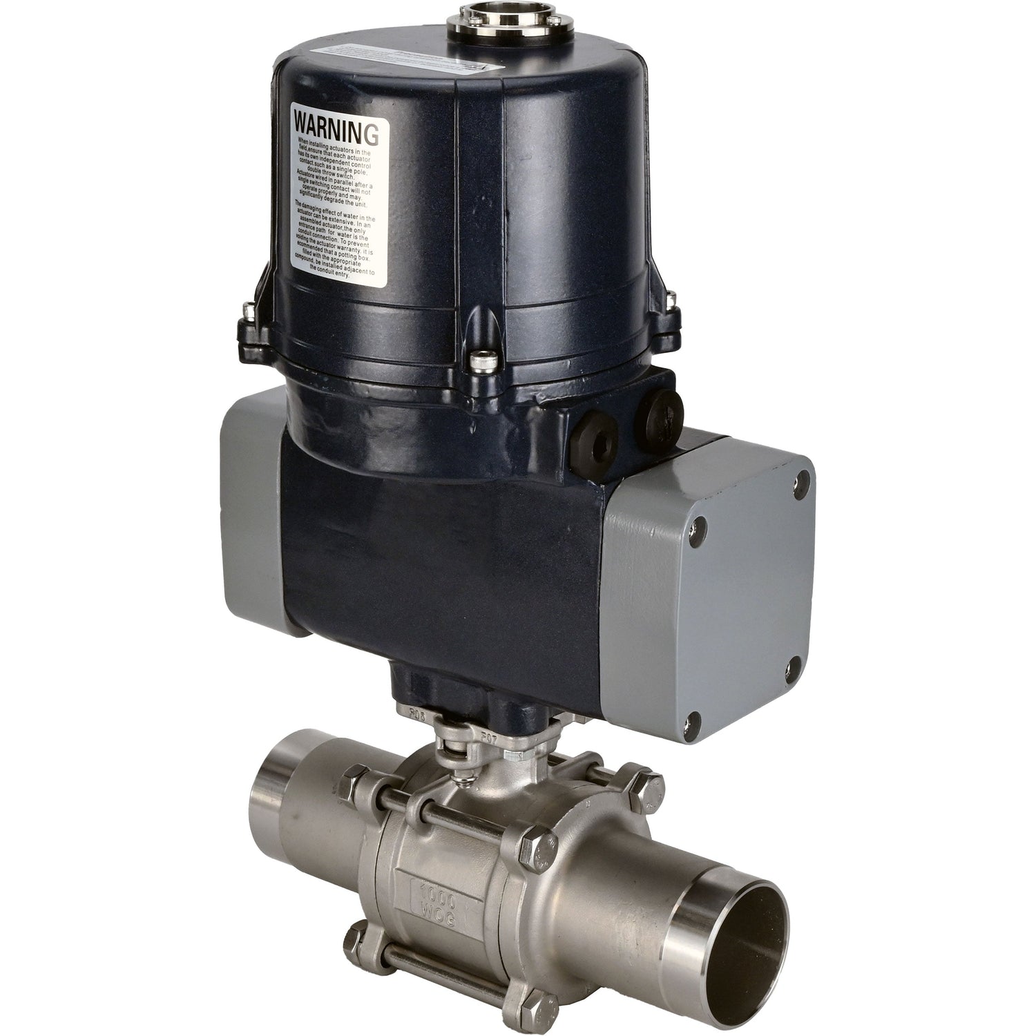 Ball valves Elephant BV3131P(3pc)-FP-W-ISO-H LONG full bore, welded, body - stainless steel SS304, seal - PTFE, with electric quarter turn actuator Elephant QTSA-N-EM-O0-220VAC