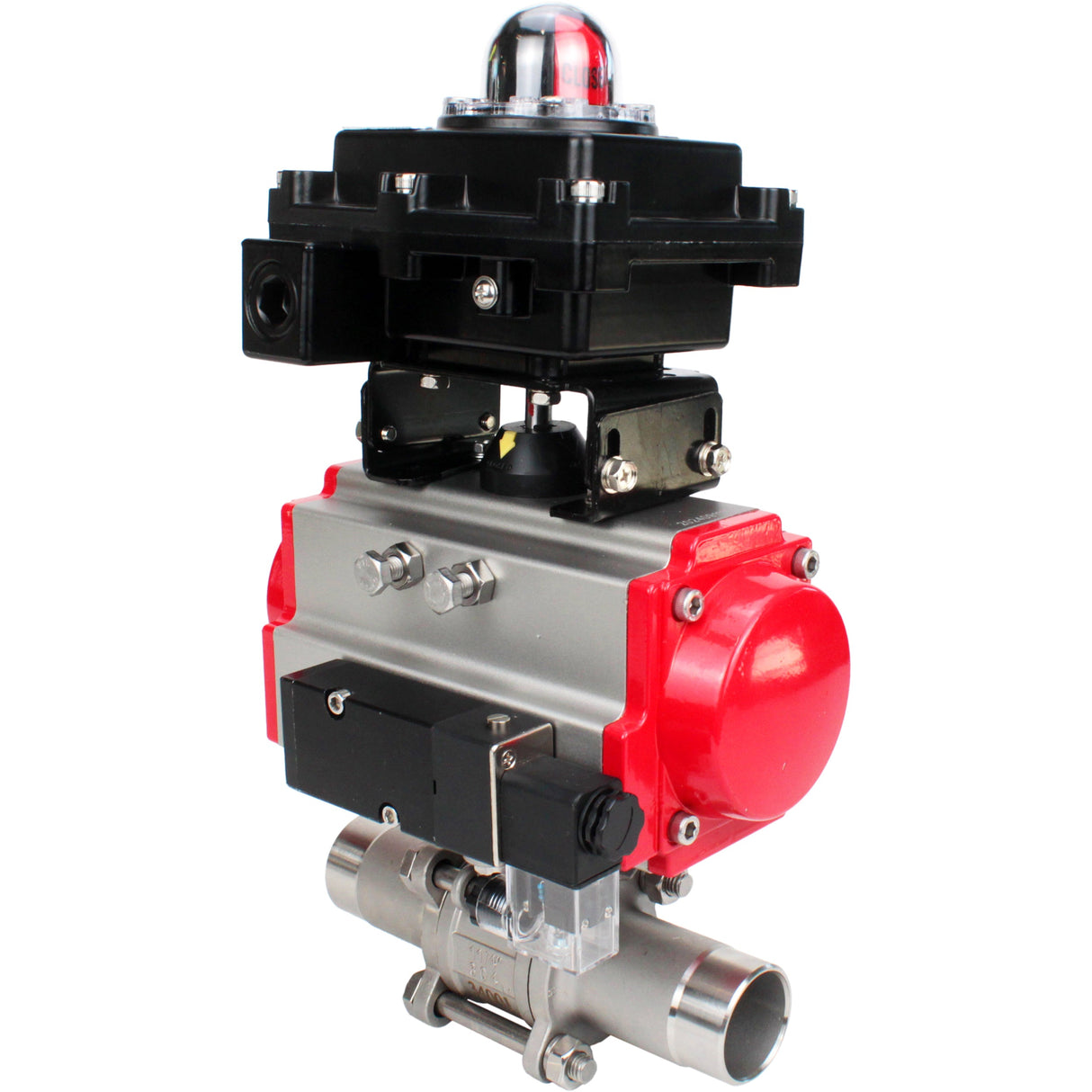 Ball valves Elephant BV3131P(3pc)-FP-W-ISO-H LONG full bore, body - stainless steel 304, welded, with pneumatic actuator Elephant PA-SA, pneumatic distributor 4M310-08 NAMUR 220V and limit switch block APL-410N EX