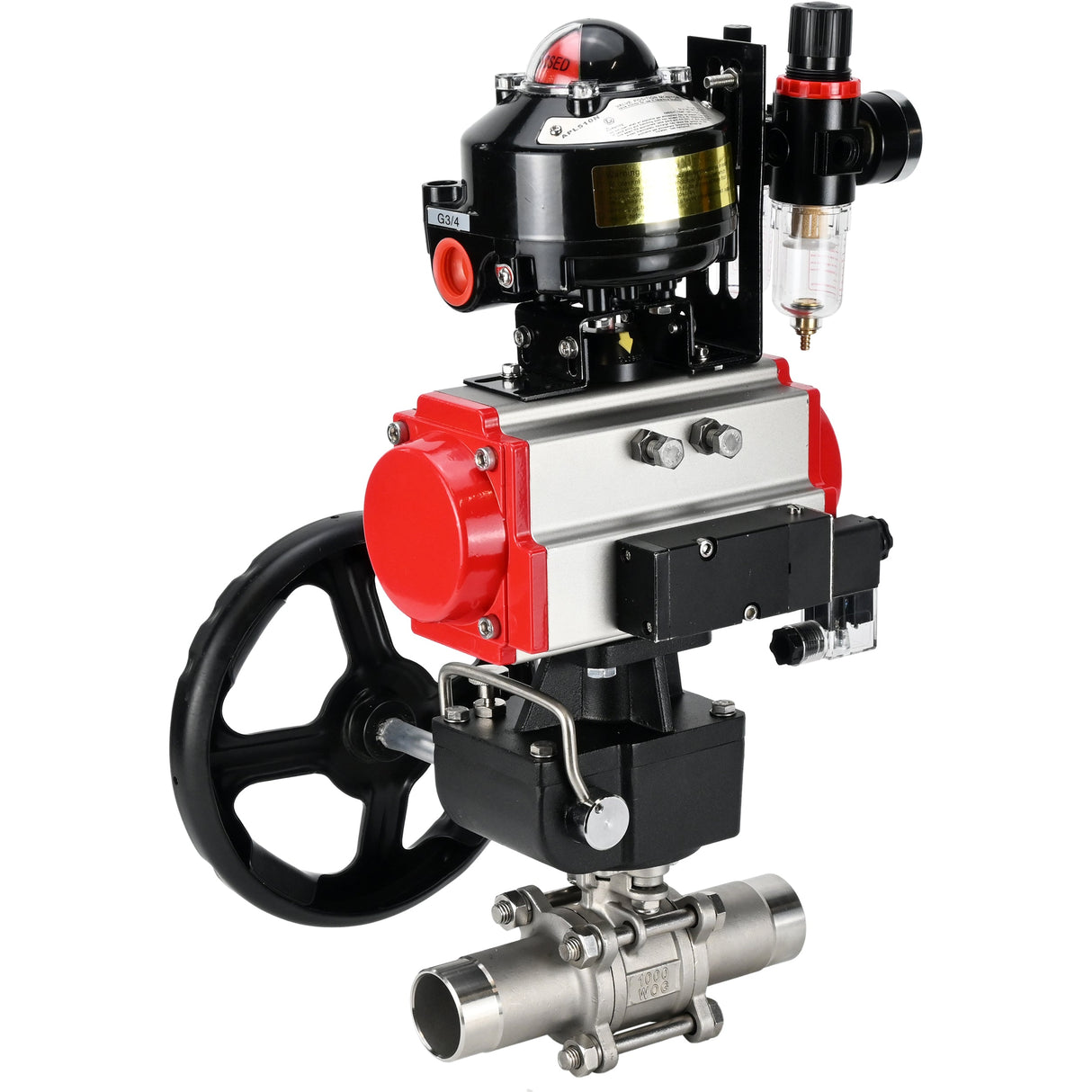 Ball valves Elephant BV3232P(3pc)-FP-W-ISO-H LONG DN50-150 full bore, body - stainless steel 316, for welding, with pneumatic actuator PA-DA, pneumatic distributor 4M310-08 NAMUR 220V, MON gearbox, LSU APL-510N EX and ATU AFC2000