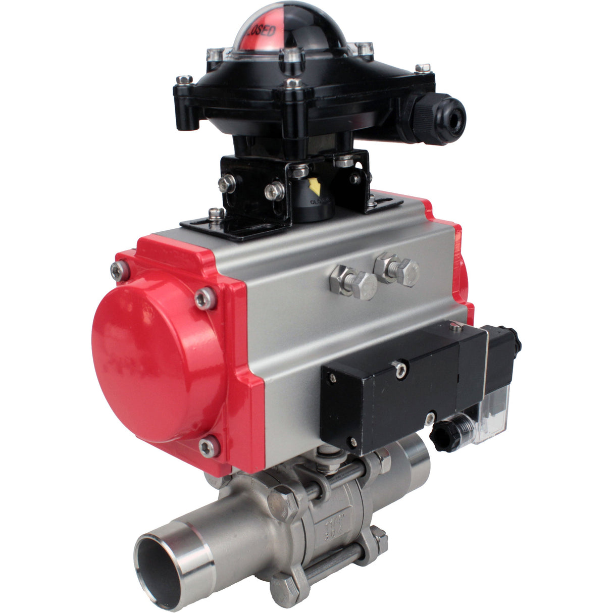 Ball valves Elephant BV3232P(3pc)-FP-W-ISO-H LONG full bore, body - stainless steel 316, for welding, with pneumatic actuator Elephant PA-SA, pneumatic distributor 4M310-08 NAMUR 220V and limit switch block APL-210N