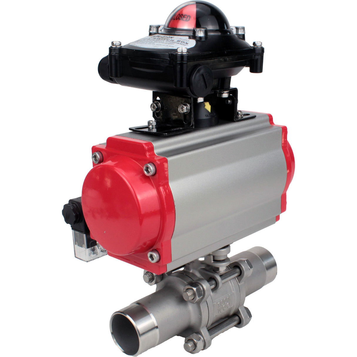 Ball valves Elephant BV3131P(3pc)-FP-W-ISO-H LONG full bore, body - stainless steel 304, for welding, with pneumatic actuator Elephant PA-SA, pneumatic distributor 4M310-08 NAMUR 24V and limit switch block APL-210N