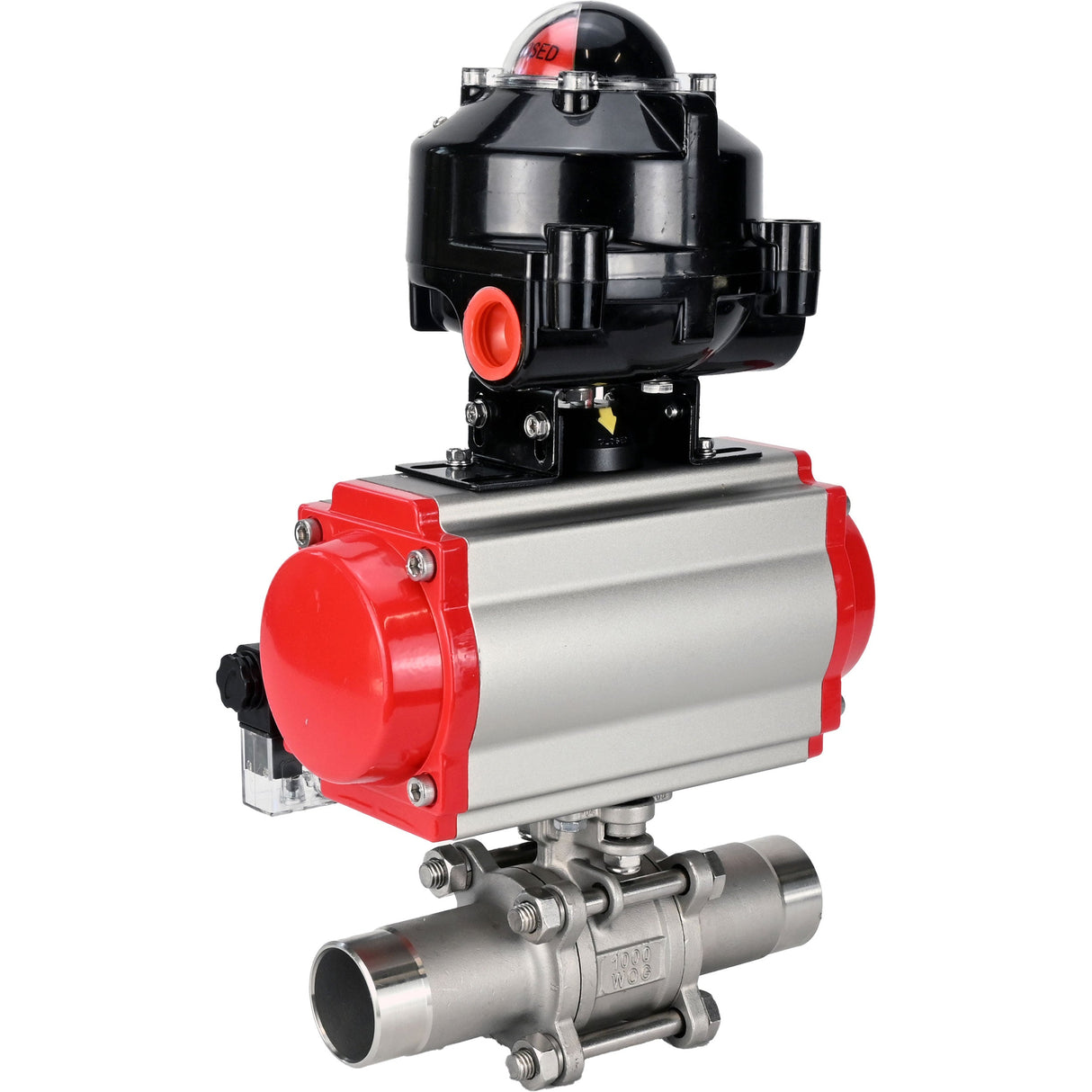 Ball valves Elephant BV3232P(3pc)-FP-W-ISO-H LONG DN10-150 full bore, body - stainless steel 316, for welding, with pneumatic actuator PA-DA, pneumatic distributor 4M310-08 NAMUR 220V and limit switch block APL -510N EX