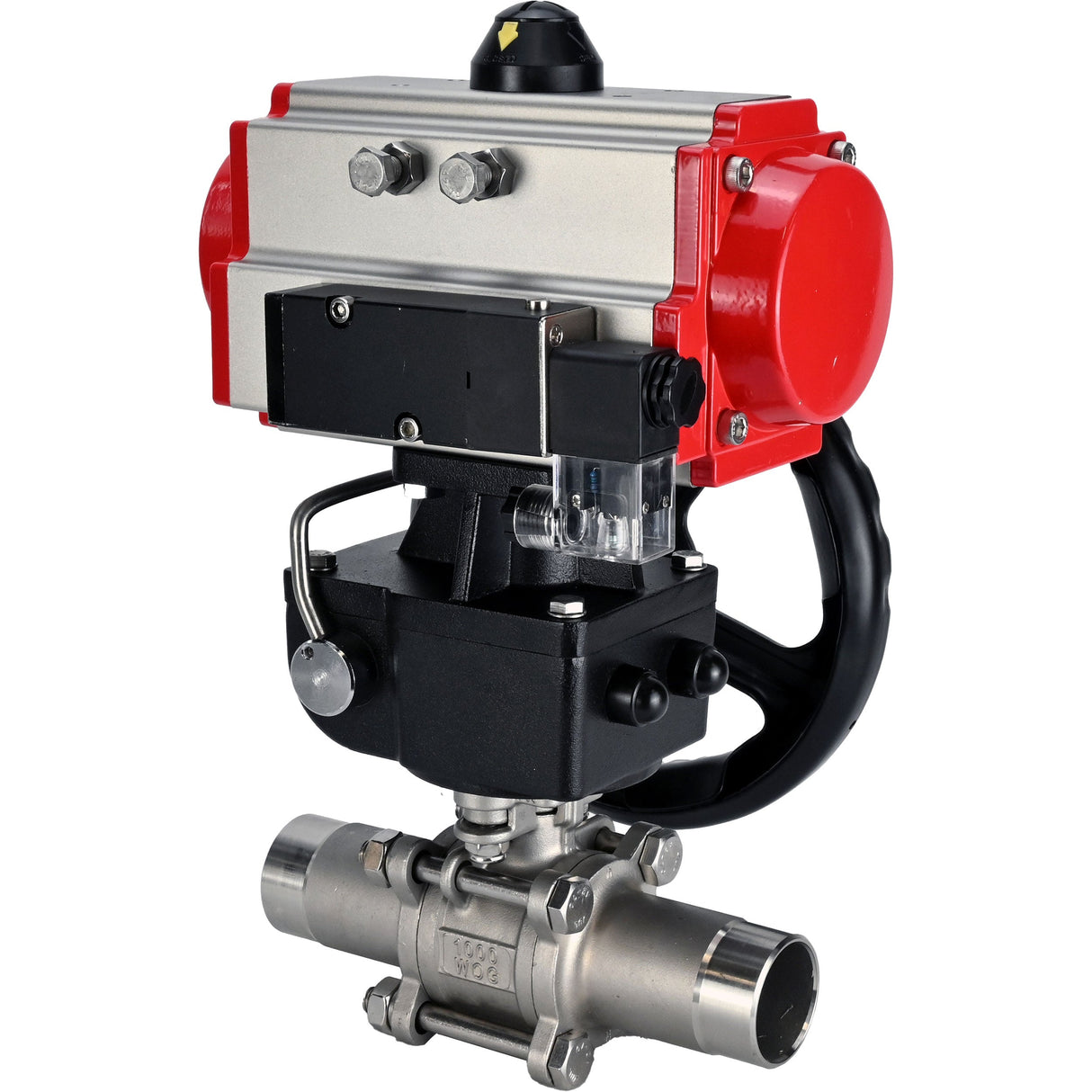 Ball valves Elephant BV3232P(3pc)-FP-W-ISO-H LONG full bore, body - stainless steel 316, for welding, with pneumatic actuator PA-DA, pneumatic distributor 4M310-08 NAMUR 24V and MON reducer