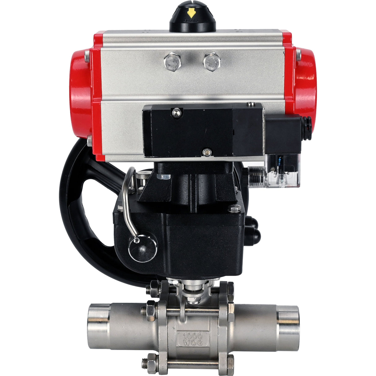 Ball valves Elephant BV3131P(3pc)-FP-W-ISO-H LONG full bore, body - stainless steel 304, for welding, with pneumatic actuator PA-DA, pneumatic distributor 4M310-08 NAMUR 220V and MON reducer