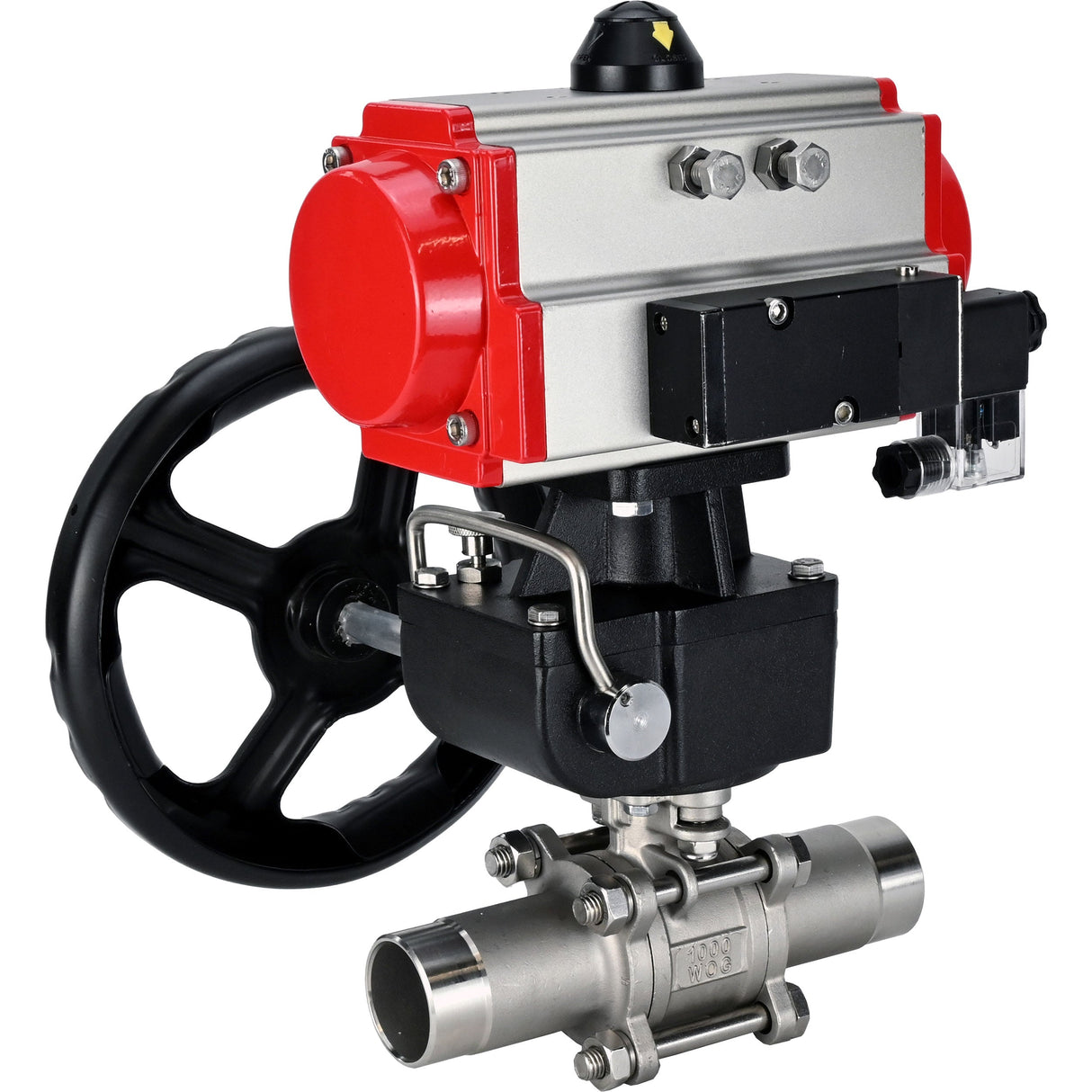 Ball valves Elephant BV3131P(3pc)-FP-W-ISO-H LONG full bore, body - stainless steel 304, for welding, with pneumatic actuator PA-DA, pneumatic distributor 4M310-08 NAMUR 220V and MON reducer