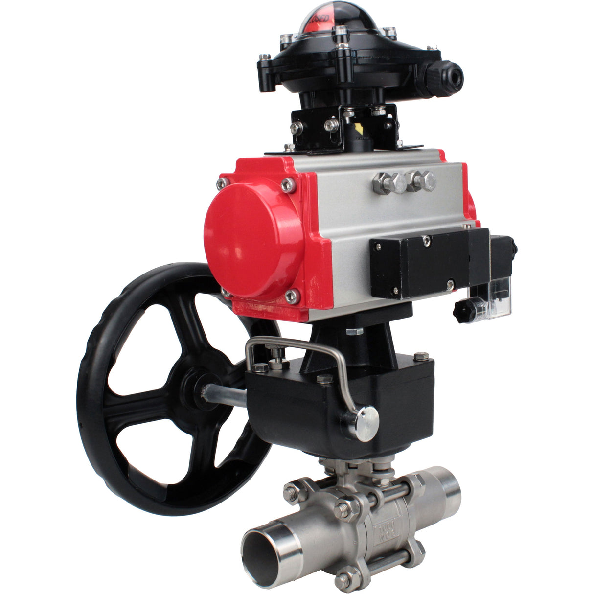 Ball valves Elephant BV3232P(3pc)-FP-W-ISO-H LONG DN50-150 full bore, body - stainless steel 316, welded, with pneumatic actuator PA-DA, pneumatic distributor 4M310-08 NAMUR 220V, MON gearbox and block limit switches APL-210N