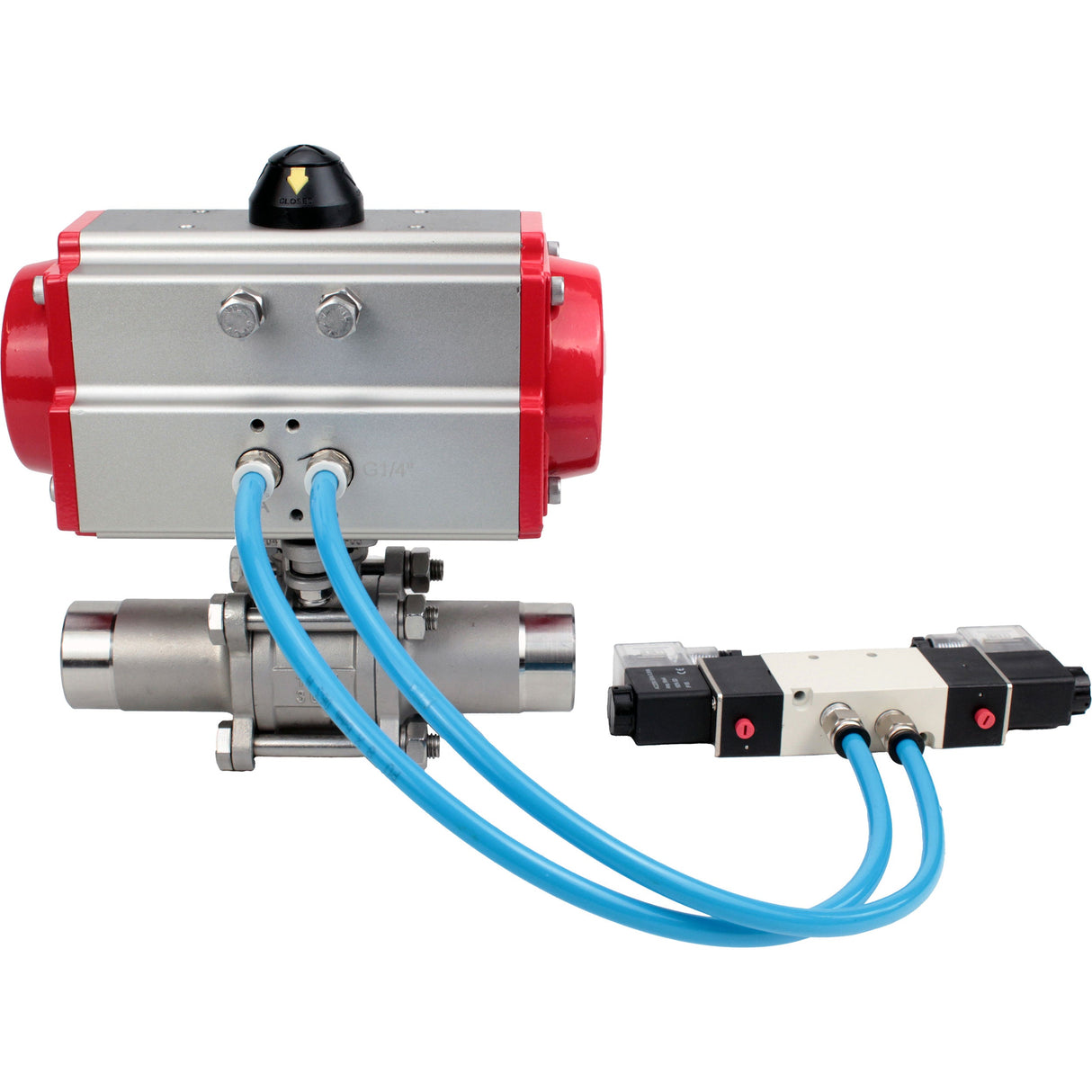 Ball valves Elephant BV3131P(3pc)-FP-W-ISO-H LONG full bore, body - stainless steel 304, for welding, with pneumatic actuator PA-DA and pneumatic distributor 4V320-10 220V