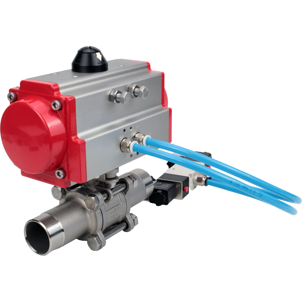 Ball valves Elephant BV3131P(3pc)-FP-W-ISO-H LONG full bore, body - stainless steel 304, for welding, with pneumatic actuator PA-DA and pneumatic distributor 4V320-10 220V