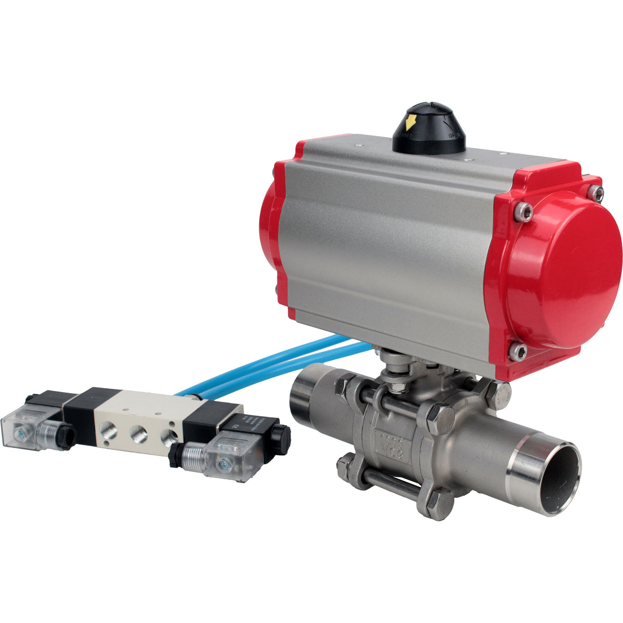 Ball valves Elephant BV3232P(3pc)-FP-W-ISO-H LONG full bore, body - stainless steel 316, for welding, with pneumatic actuator Elephant PA-SA and pneumatic distributor 4V320-10 220V