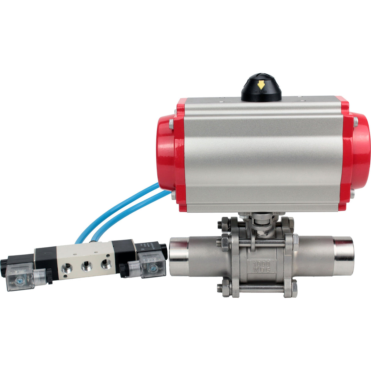 Ball valves Elephant BV3131P(3pc)-FP-W-ISO-H LONG full bore, body - stainless steel 304, for welding, with pneumatic actuator Elephant PA-SA and pneumatic distributor 4V320-08 220V
