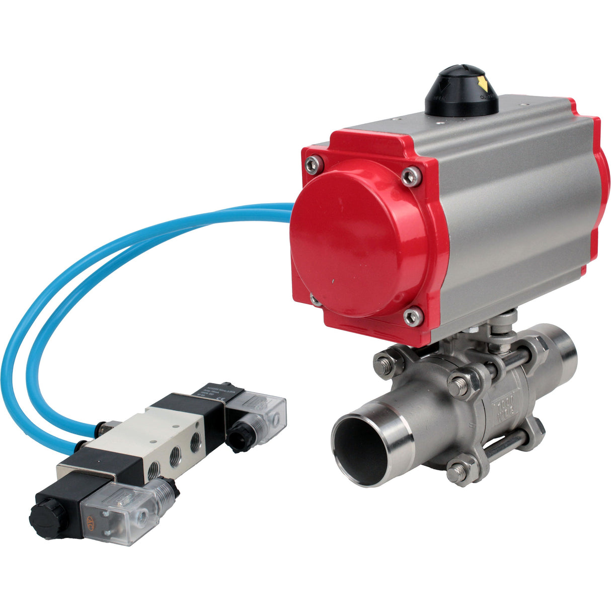 Ball valves Elephant BV3232P(3pc)-FP-W-ISO-H LONG full bore, body - stainless steel 316, for welding, with pneumatic actuator PA-DA and pneumatic distributor 4V320-08 220V