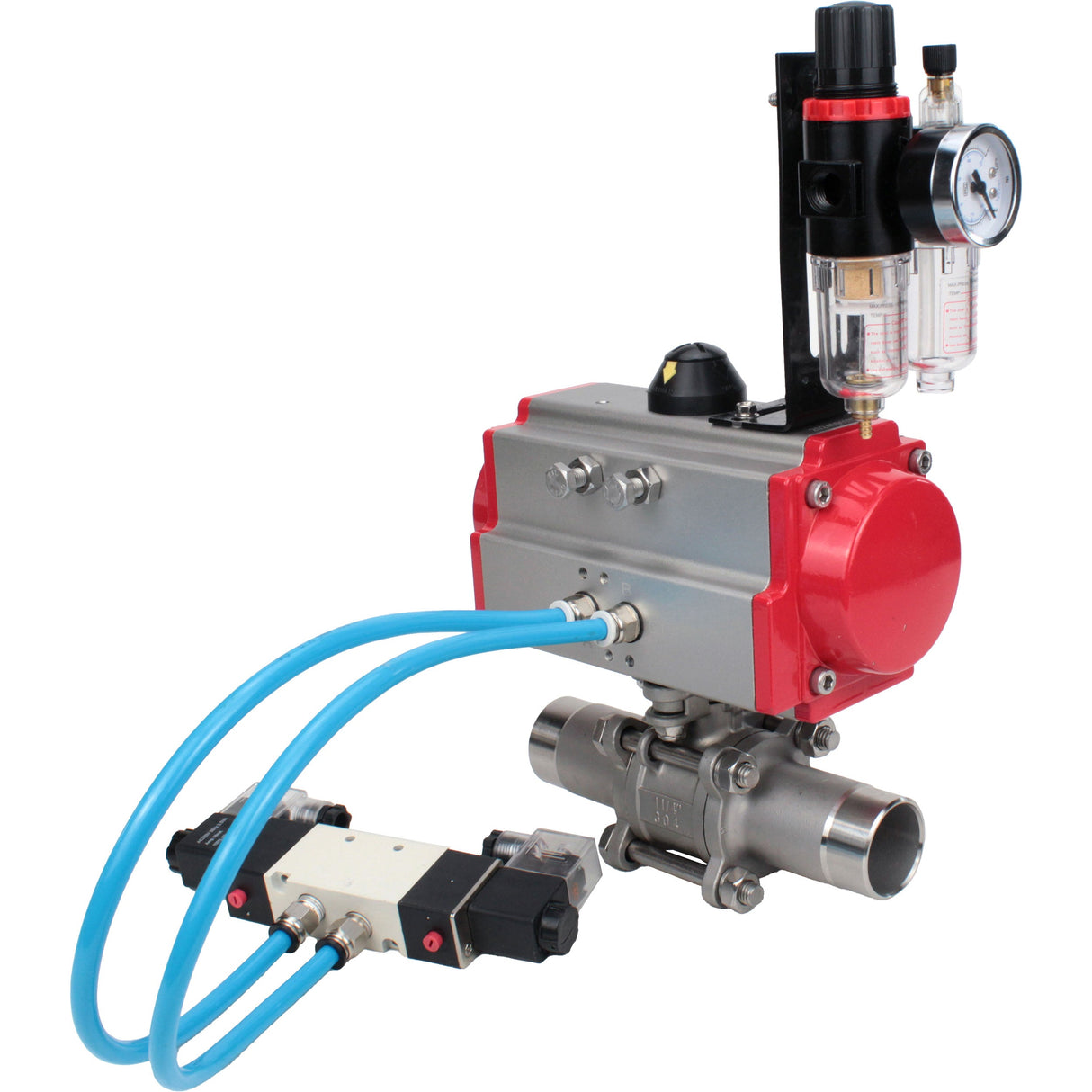 Ball valves Elephant BV3232P(3pc)-FP-W-ISO-H LONG full bore, body - stainless steel 316, for welding, with pneumatic actuator Elephant PA-SA, pneumatic distributor 4V320-10 220V and ATU AFC2000