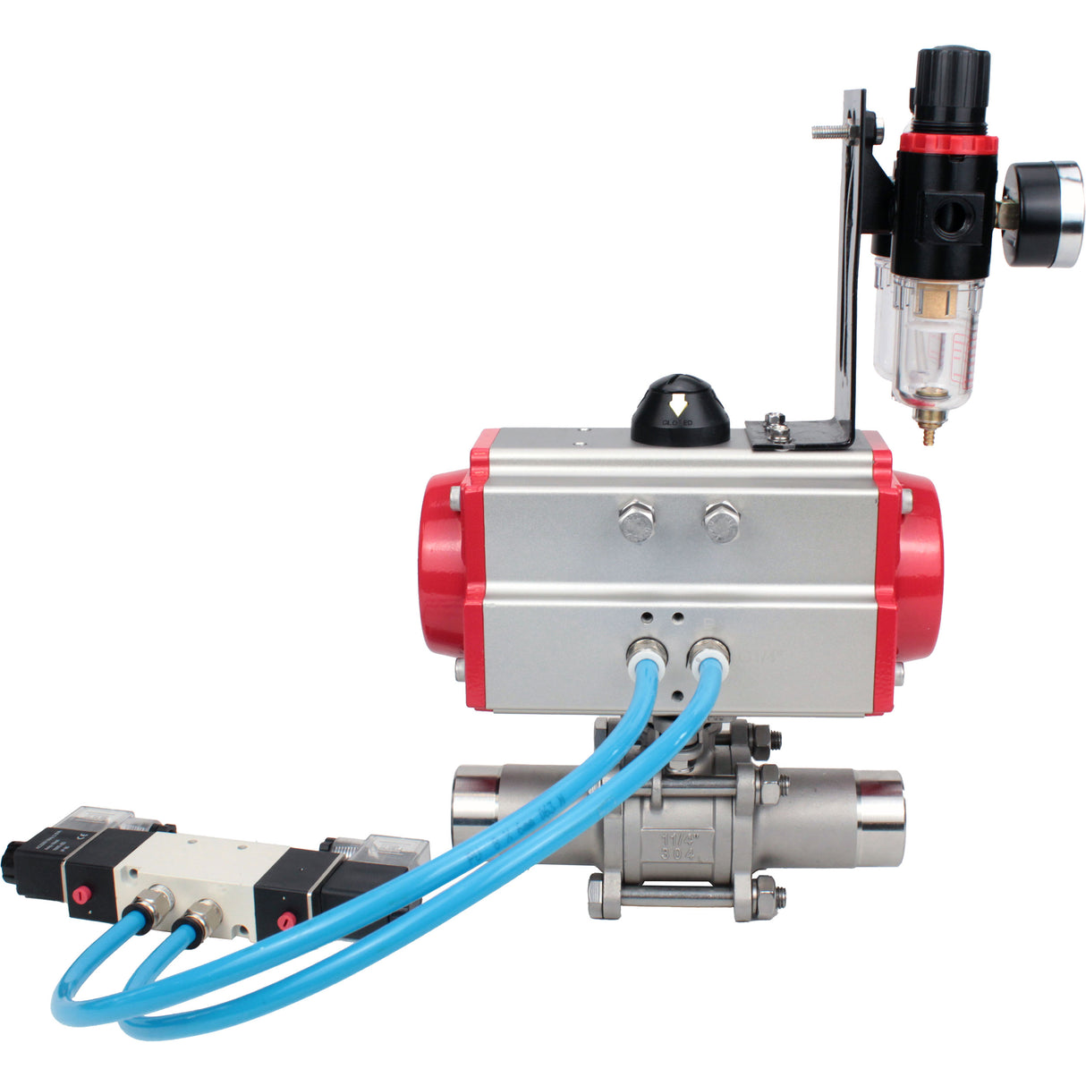 Ball valves Elephant BV3131P(3pc)-FP-W-ISO-H LONG full bore, body - stainless steel 304, for welding, with pneumatic actuator Elephant PA-SA, pneumatic distributor 4V320-10 220V and ATU AFC2000