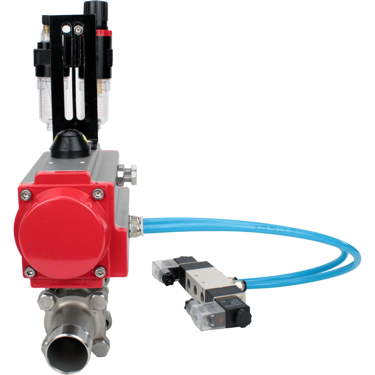 Ball valves Elephant BV3131P(3pc)-FP-W-ISO-H LONG full bore, body - stainless steel 304, for welding, with pneumatic actuator Elephant PA-SA, pneumatic distributor 4V320-10 220V and ATU AFC2000