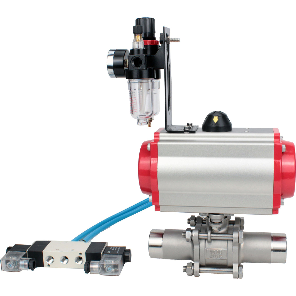 Ball valves Elephant BV3232P(3pc)-FP-W-ISO-H LONG full bore, body - stainless steel 316, for welding, with pneumatic actuator PA-DA, pneumatic distributor 4V320-10 220V and ATU AFC2000