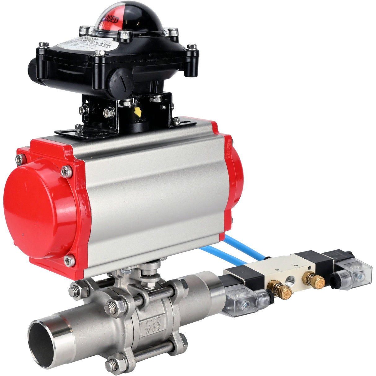 Ball valves Elephant BV3131P(3pc)-FP-W-ISO-H LONG DN10-150 full bore, body - stainless steel 304, for welding, with pneumatic actuator PA-DA, pneumatic distributor 4V320-10 220V and limit switch block APL -210N