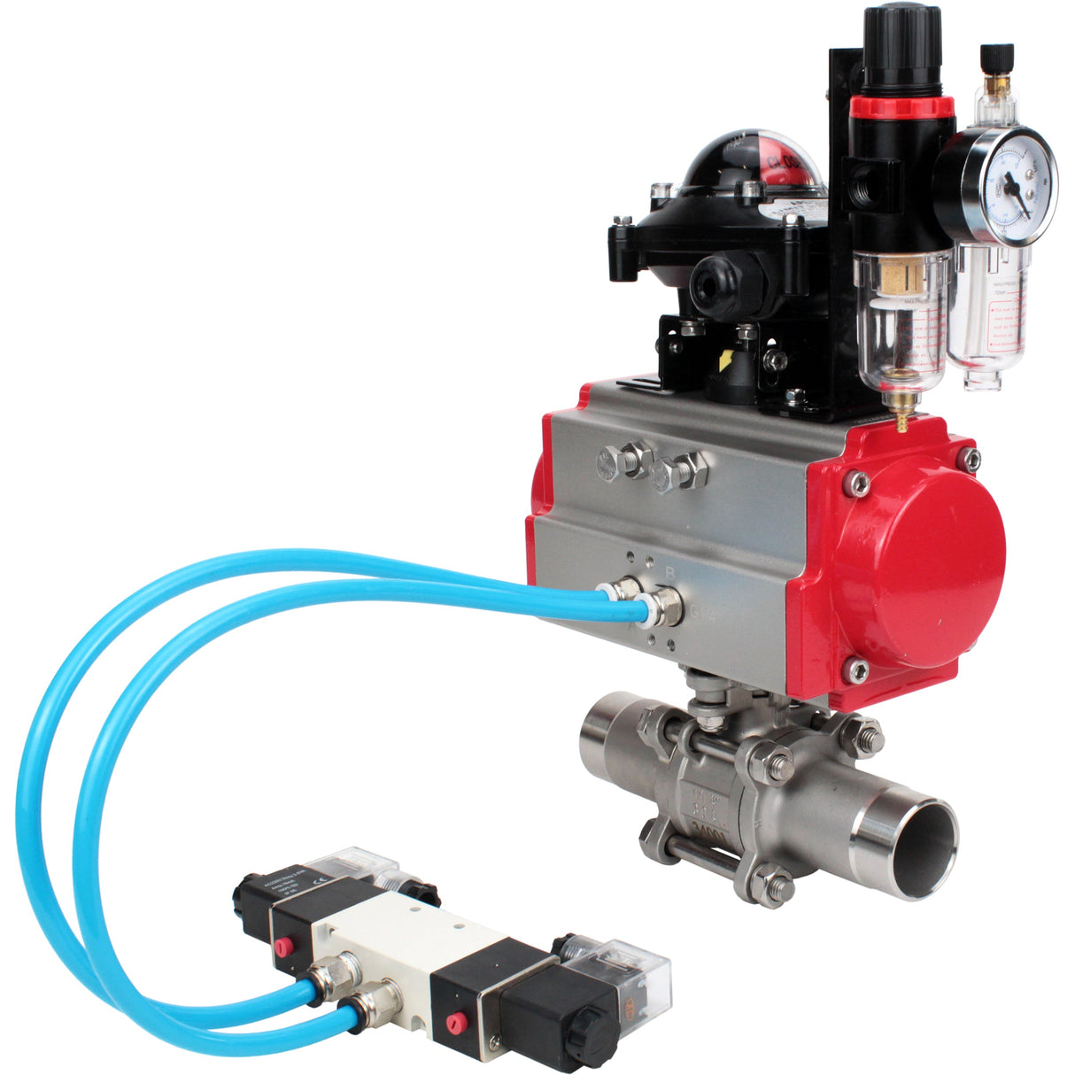 Ball valves Elephant BV3131P(3pc)-FP-W-ISO-H LONG full bore, body - stainless steel 304, for welding, with pneumatic actuator Elephant PA-SA, pneumatic distributor 4V320-10 220V, LSU APL-210N and ATU AFC2000