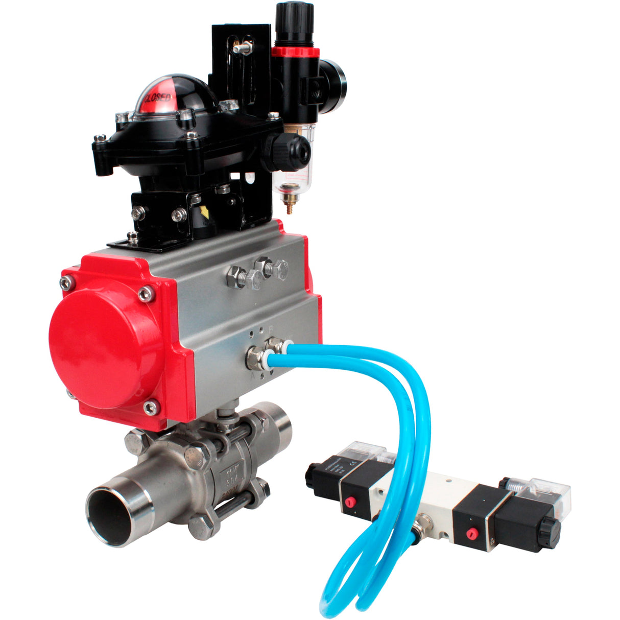 Ball valves Elephant BV3232P(3pc)-FP-W-ISO-H LONG full bore, body - stainless steel 316, for welding, with pneumatic actuator Elephant PA-SA, pneumatic distributor 4V320-10 220V, LSU APL-210N and ATU AFC2000