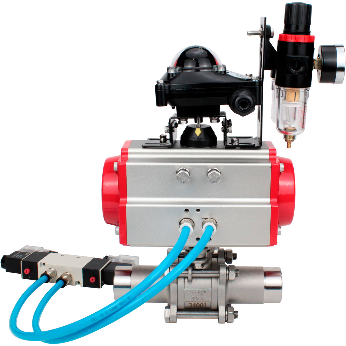 Ball valves Elephant BV3131P(3pc)-FP-W-ISO-H LONG full bore, body - stainless steel 304, for welding, with pneumatic actuator Elephant PA-SA, pneumatic distributor 4V320-08 220V, LSU APL-210N and ATU AFC2000