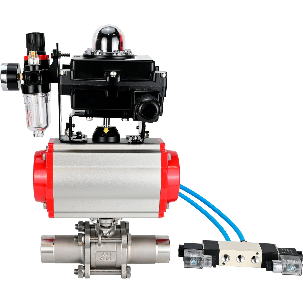 Ball valves Elephant BV3131P(3pc)-FP-W-ISO-H LONG full bore, body - stainless steel 304, for welding, with pneumatic actuator Elephant PA-SA, pneumatic distributor 4V320-08 220V, LSU APL-410N EX and ATU AFC2000
