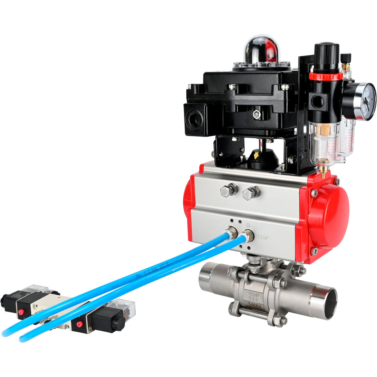 Ball valves Elephant BV3232P(3pc)-FP-W-ISO-H LONG DN10-150 full bore, body - stainless steel 316, for welding, with pneumatic actuator PA-DA, pneumatic distributor 4V320-08 220V, LSU APL-410N EX and GSV AFC2000