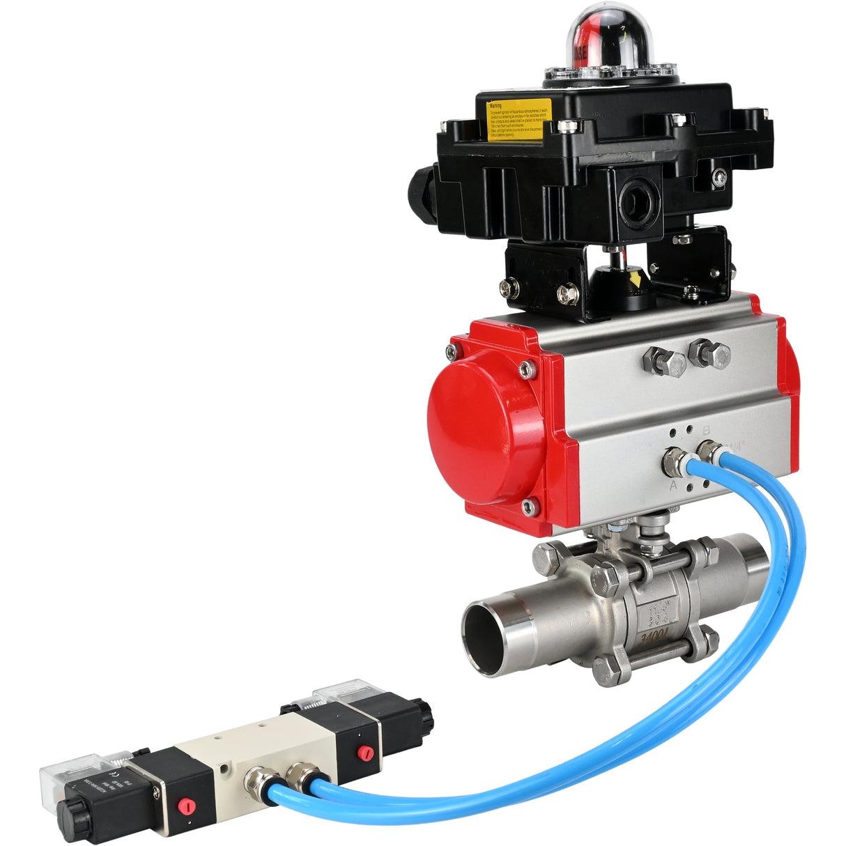 Ball valves Elephant BV3131P(3pc)-FP-W-ISO-H LONG full bore, body - stainless steel 304, for welding, with pneumatic actuator Elephant PA-SA, pneumatic distributor 4V320-08 220V and limit switch block APL-410N EX