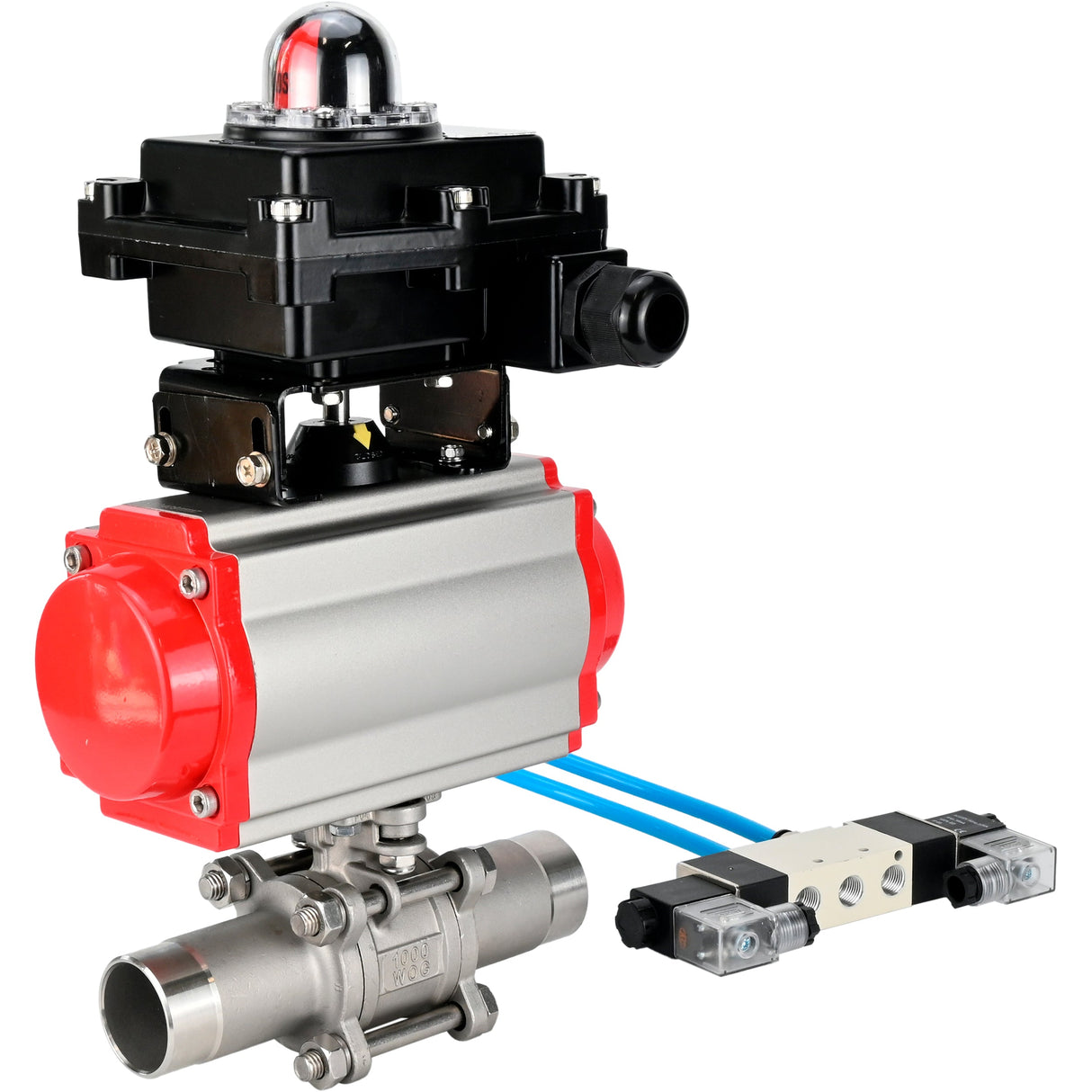 Ball valves Elephant BV3131P(3pc)-FP-W-ISO-H LONG DN10-150 full bore, body - stainless steel 304, for welding, with pneumatic actuator PA-DA, pneumatic distributor 4V320-10 220V and limit switch block APL -410N EX