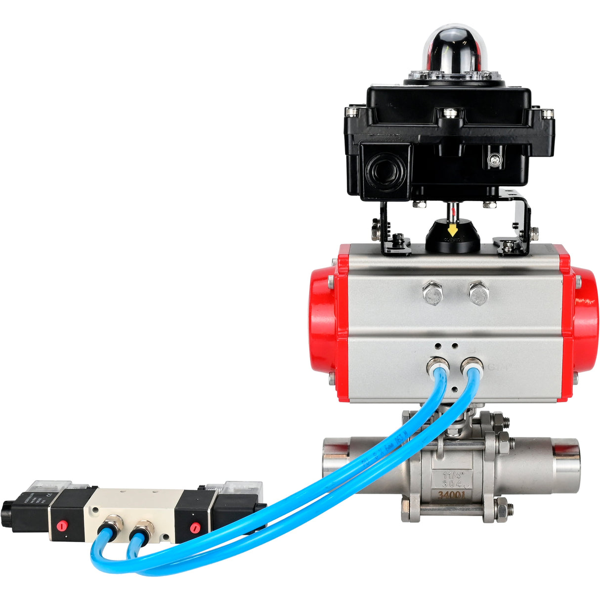 Ball valves Elephant BV3232P(3pc)-FP-W-ISO-H LONG full bore, body - stainless steel 316, for welding, with pneumatic actuator Elephant PA-SA, pneumatic distributor 4V320-10 220V and limit switch block APL-410N EX
