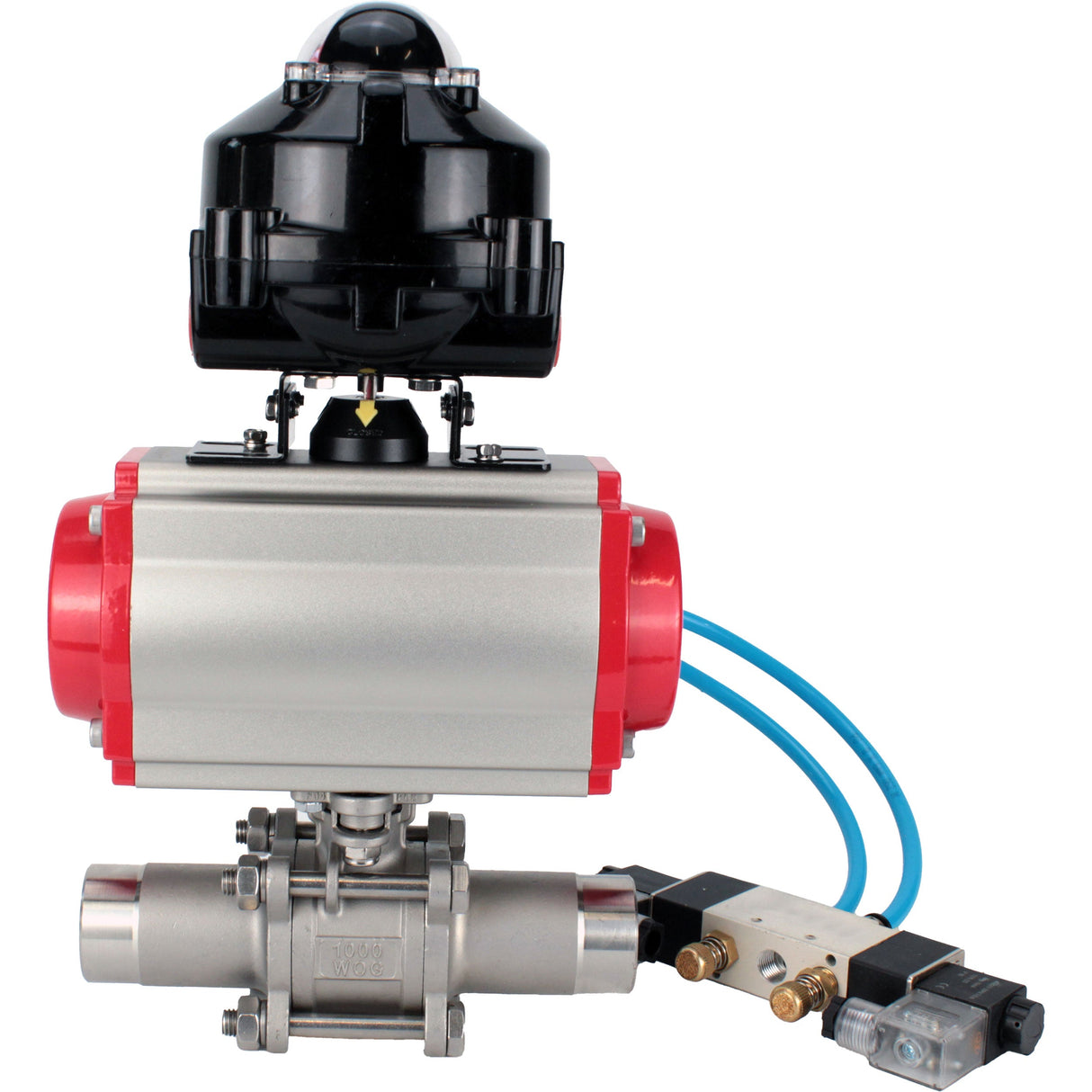 Ball valves Elephant BV3131P(3pc)-FP-W-ISO-H LONG full bore, body - stainless steel 304, welded, with pneumatic actuator Elephant PA-SA, pneumatic distributor 4V320-10 220V and limit switch block APL-510N EX