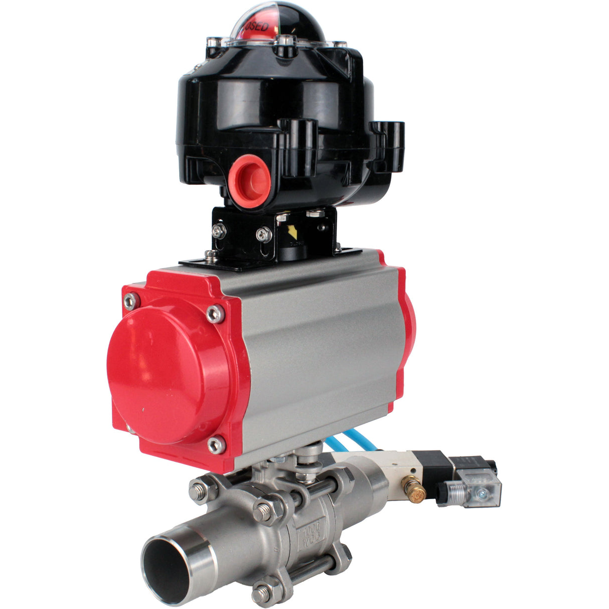 Ball valves Elephant BV3232P(3pc)-FP-W-ISO-H LONG full bore, body - stainless steel 316, for welding, with pneumatic actuator Elephant PA-SA, pneumatic distributor 4V320-08 220V and limit switch block APL-510N EX