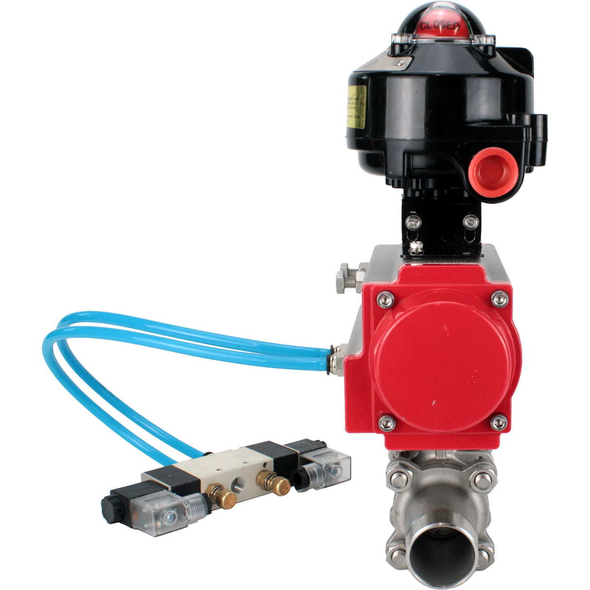 Ball valves Elephant BV3131P(3pc)-FP-W-ISO-H LONG full bore, body - stainless steel 304, welded, with pneumatic actuator Elephant PA-SA, pneumatic distributor 4V320-08 220V and limit switch block APL-510N EX