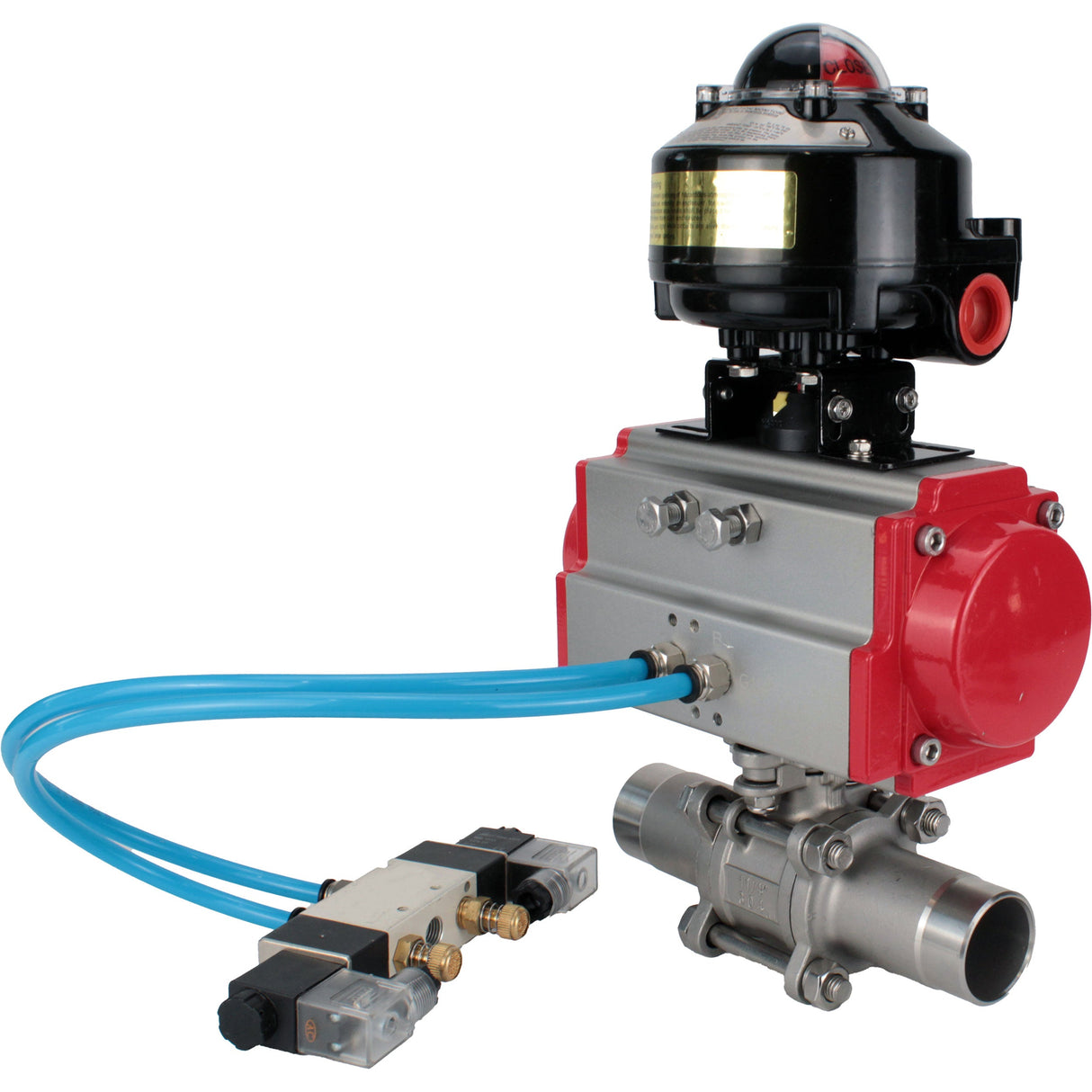 Ball valves Elephant BV3232P(3pc)-FP-W-ISO-H LONG full bore, body - stainless steel 316, for welding, with pneumatic actuator Elephant PA-SA, pneumatic distributor 4V320-10 220V and limit switch block APL-510N EX