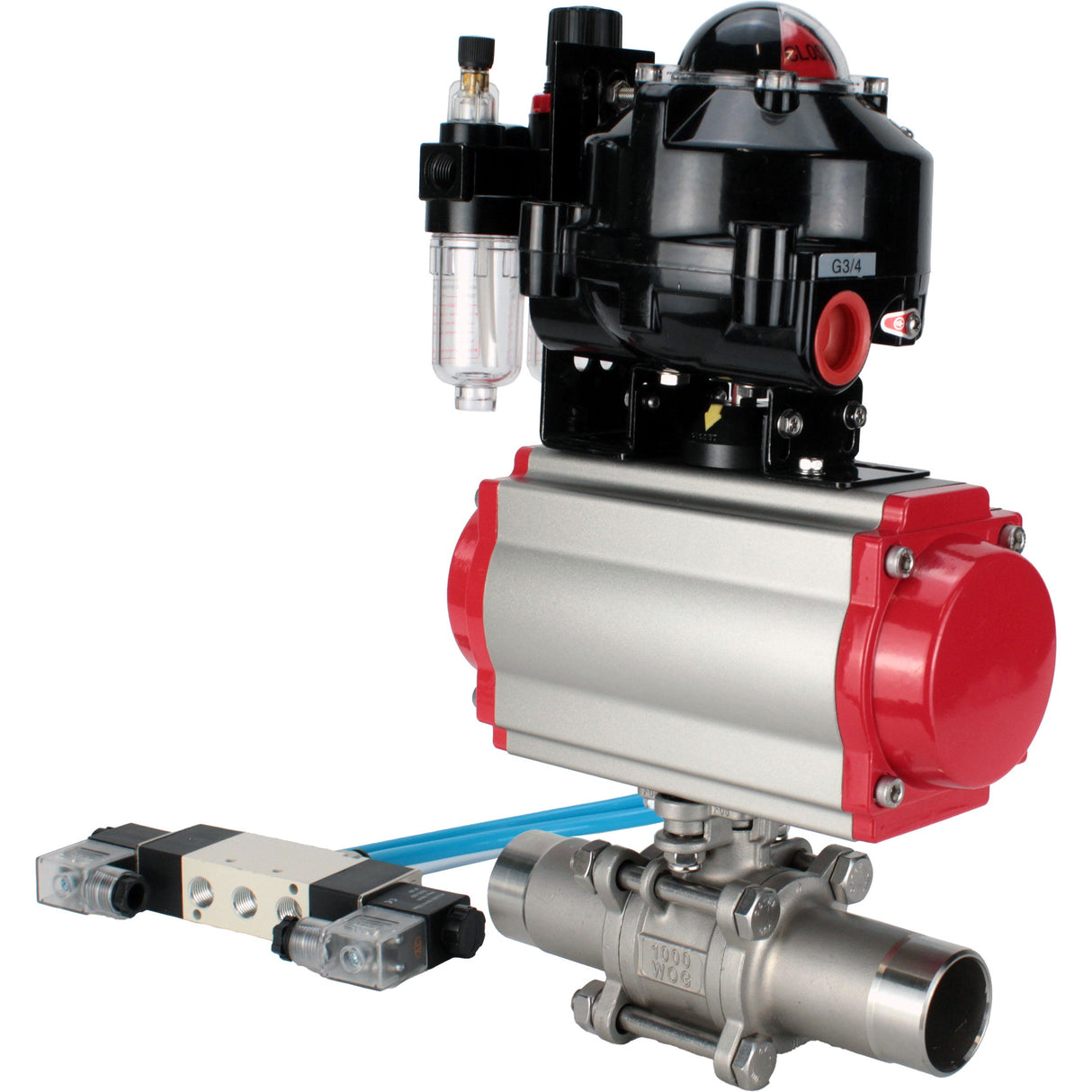 Ball valves Elephant BV3232P(3pc)-FP-W-ISO-H LONG DN10-150 full bore, body - stainless steel 316, for welding, with pneumatic actuator PA-DA, pneumatic distributor 4V320-08 220V, LSU APL-510N EX and GSV AFC2000