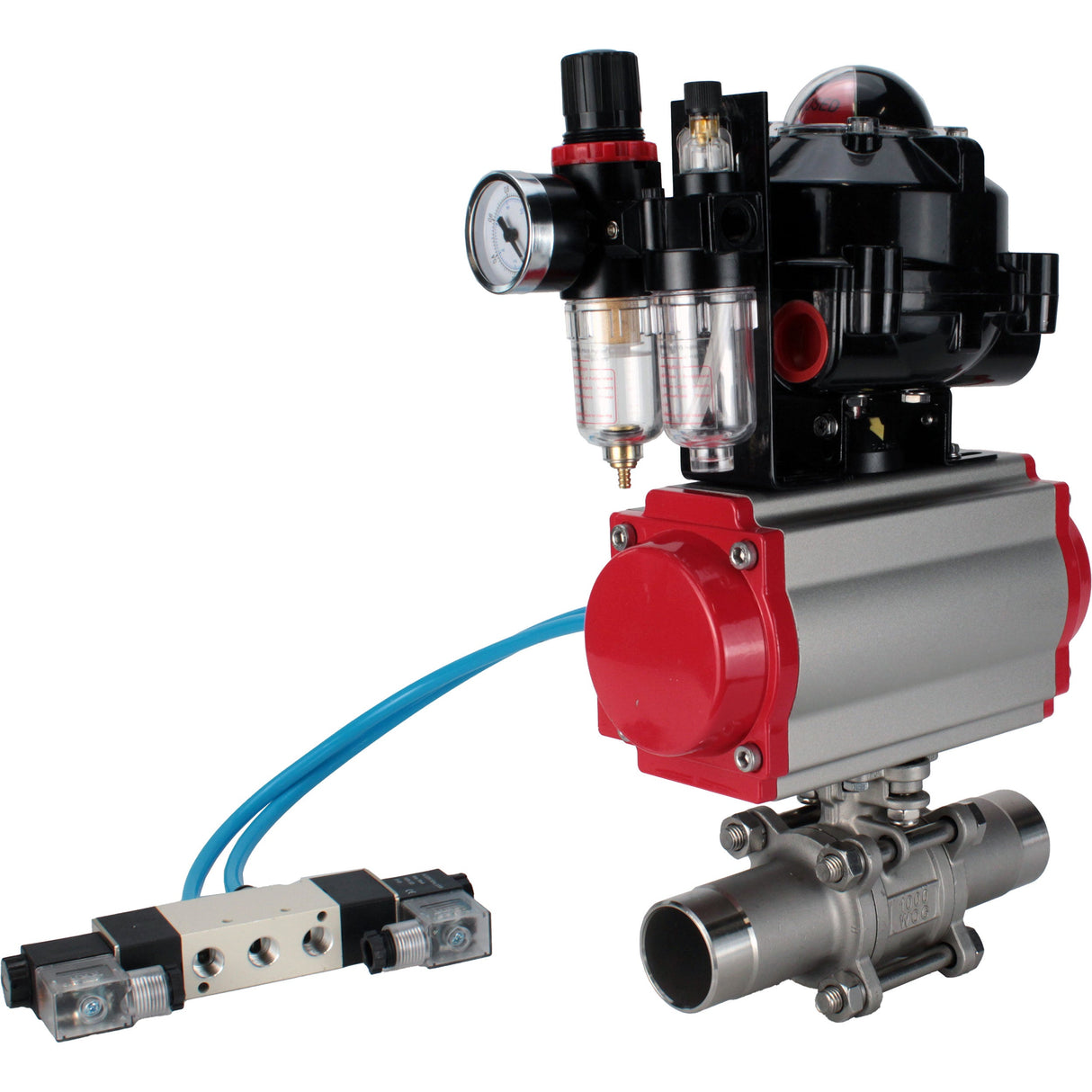 Ball valves Elephant BV3232P(3pc)-FP-W-ISO-H LONG full bore, body - stainless steel 316, for welding, with pneumatic actuator Elephant PA-SA, pneumatic distributor 4V320-08 220V, LSU APL-510N EX and ATU AFC2000