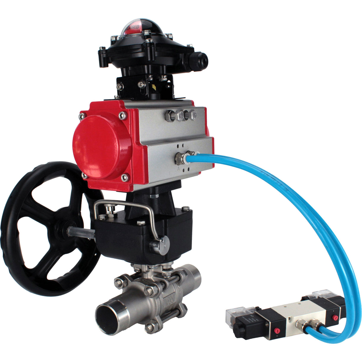 Ball valves Elephant BV3232P(3pc)-FP-W-ISO-H LONG DN50-150 full bore, body - stainless steel 316, for welding, with pneumatic actuator PA-DA, pneumatic distributor 4V320-10 220V, MON gearbox and block limit switches APL-210N