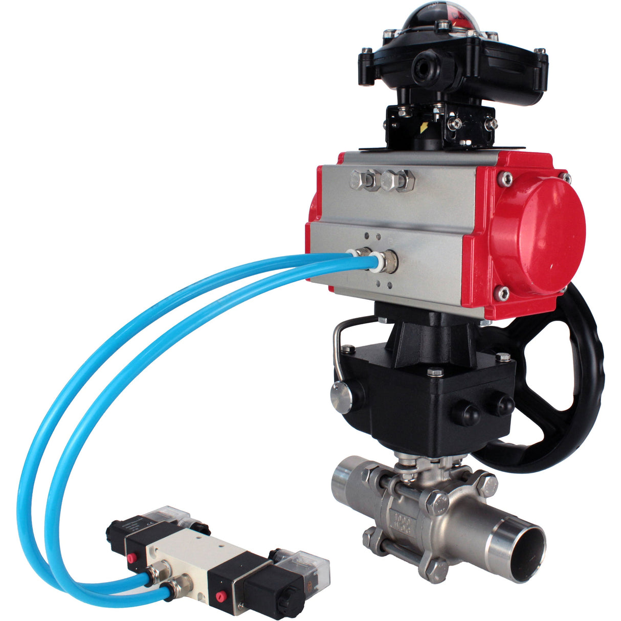 Ball valves Elephant BV3232P(3pc)-FP-W-ISO-H LONG DN50-150 full bore, body - stainless steel 316, for welding, with pneumatic actuator PA-DA, pneumatic distributor 4V320-10 220V, MON gearbox and block limit switches APL-210N