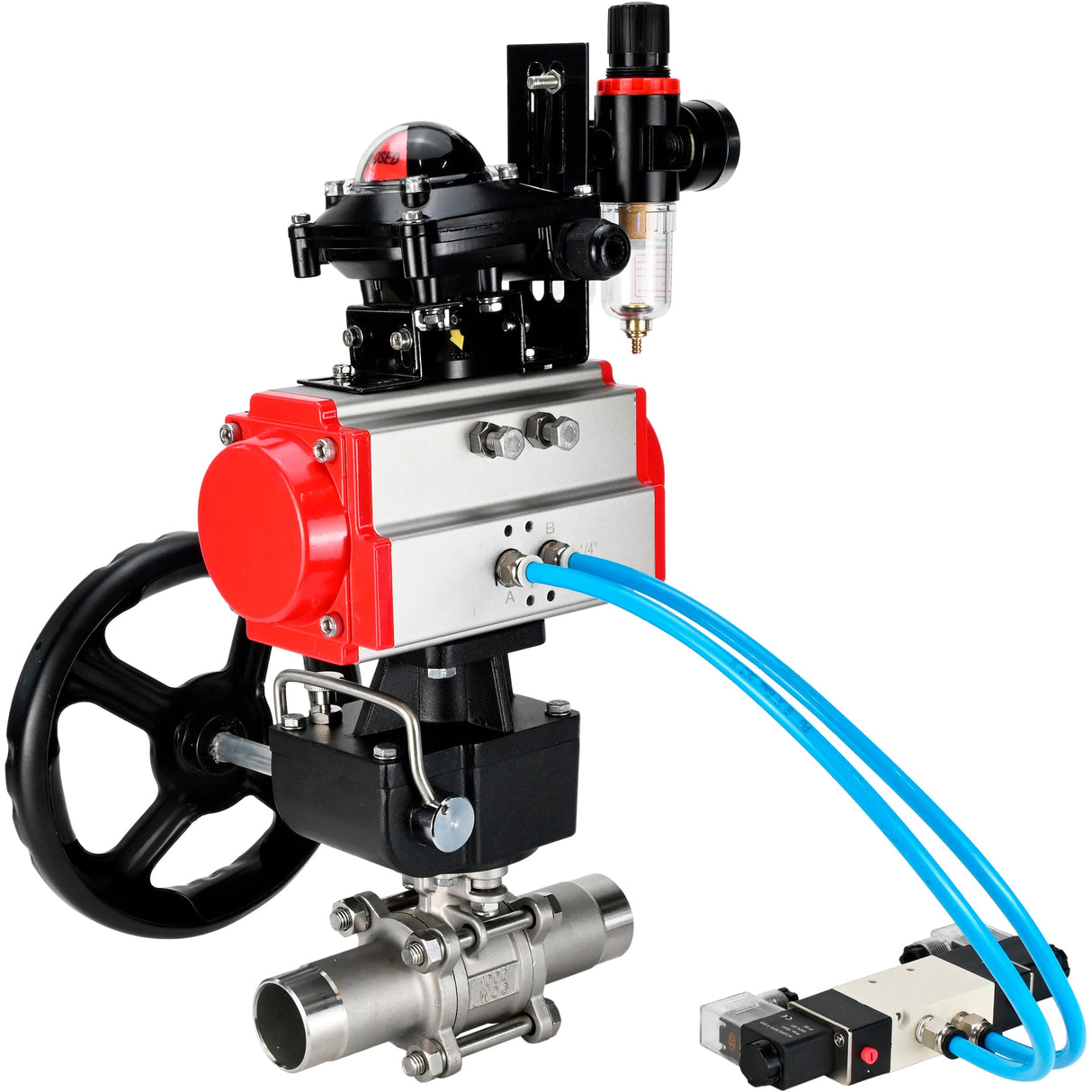 Ball valves Elephant BV3131P(3pc)-FP-W-ISO-H LONG DN50-150 full bore, body - stainless steel 304, for welding, with pneumatic actuator PA-DA, pneumatic distributor 4V320-10 220V, MON reducer, LSU APL-210N and ATU AFC2000