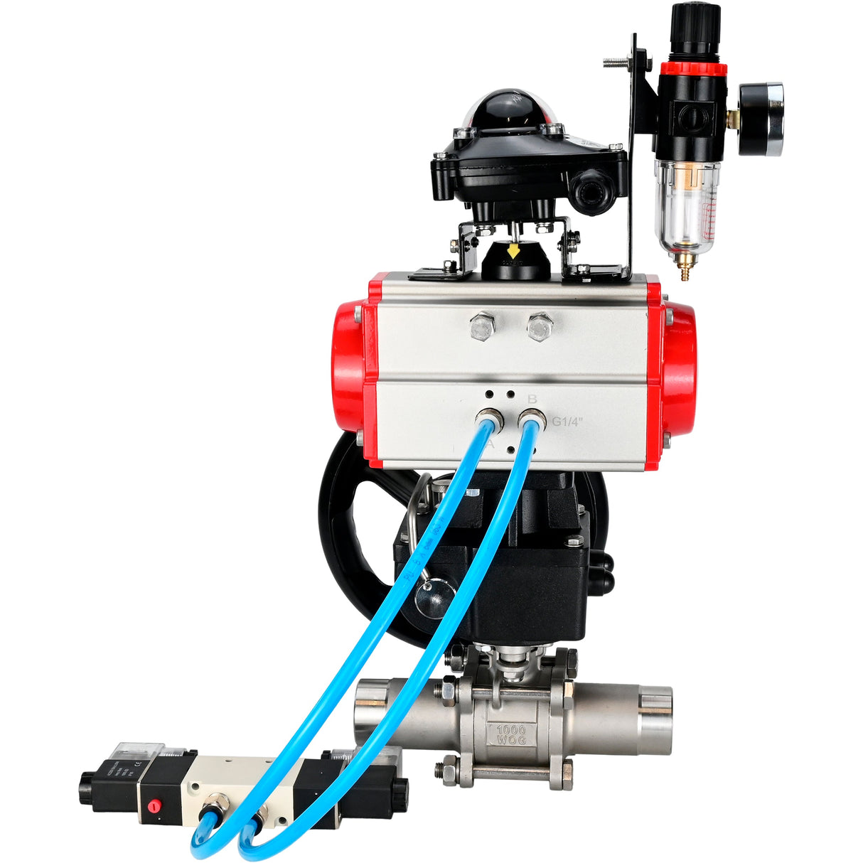 Ball valves Elephant BV3131P(3pc)-FP-W-ISO-H LONG DN50-150 full bore, body - stainless steel 304, for welding, with pneumatic actuator PA-DA, pneumatic distributor 4V320-10 220V, MON reducer, LSU APL-210N and ATU AFC2000