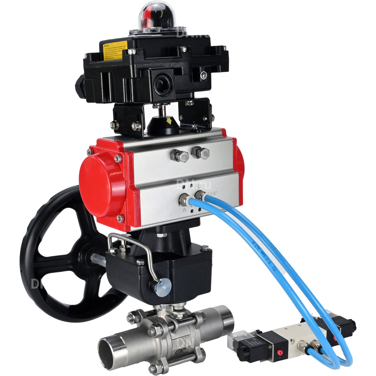 Ball valves Elephant BV3232P(3pc)-FP-W-ISO-H LONG DN50-150 full bore, body - stainless steel 316, for welding, with PA-DA pneumatic actuator, pneumatic distributor 4V320-08 220V, MON gearbox and block limit switches APL-410N EX