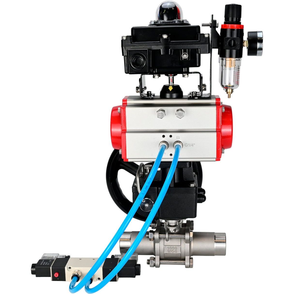 Ball valves Elephant BV3131P(3pc)-FP-W-ISO-H LONG DN50-150 full bore, body - stainless steel 304, for welding, with pneumatic actuator PA-DA, pneumatic distributor 4V320-10 220V, MON reducer, LSU APL-410N EX and ATU AFC2000