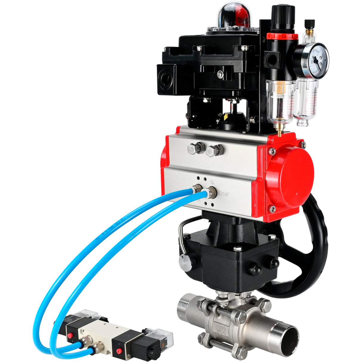 Ball valves Elephant BV3232P(3pc)-FP-W-ISO-H LONG DN50-150 full bore, body - stainless steel 316, for welding, with pneumatic actuator PA-DA, pneumatic distributor 4V320-08 220V, MON gearbox, LSU APL-410N EX and ATU AFC2000